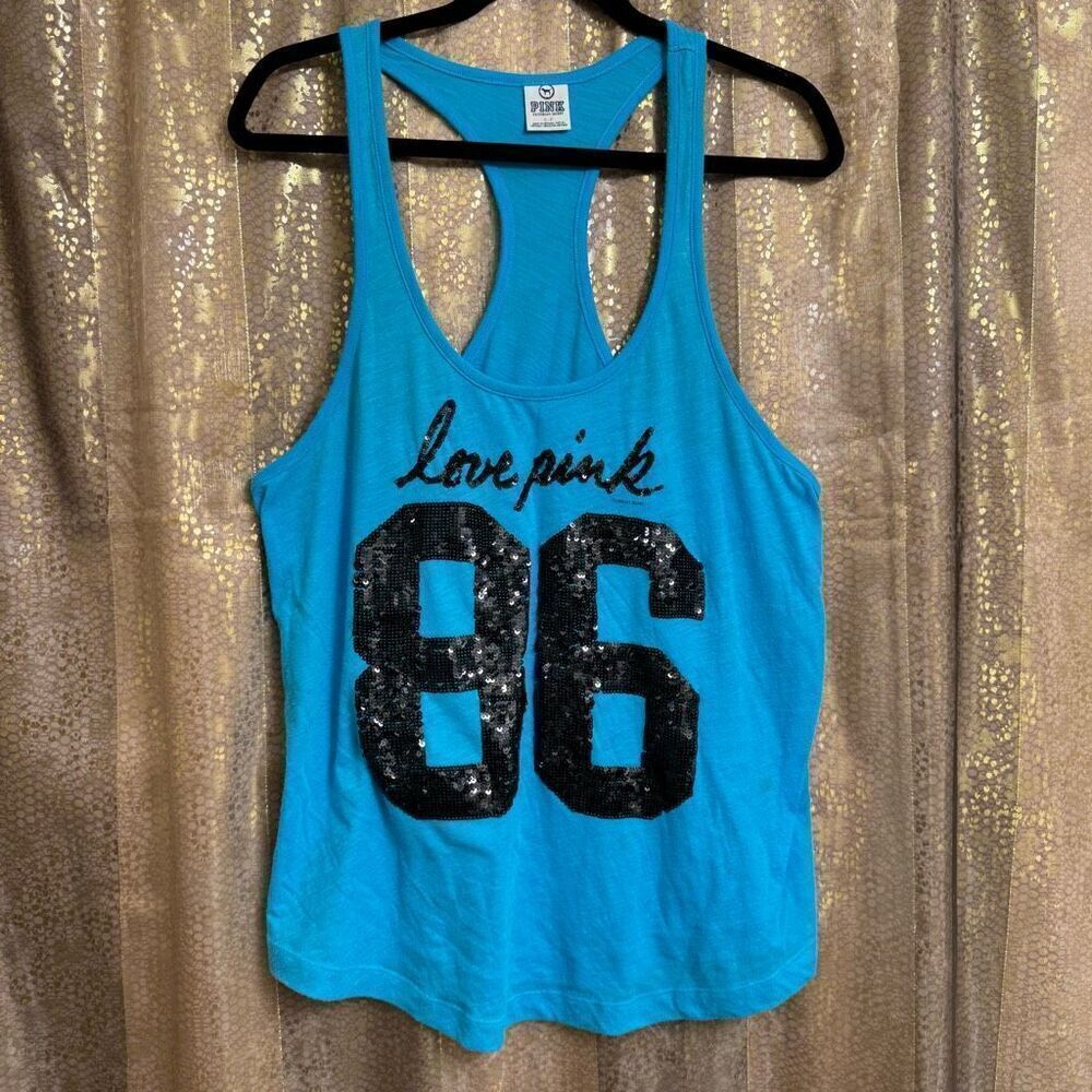 Y2K PINK Victorias Secret Malibu Blue Black 86 Sequin Stretchy Racerback Tank To